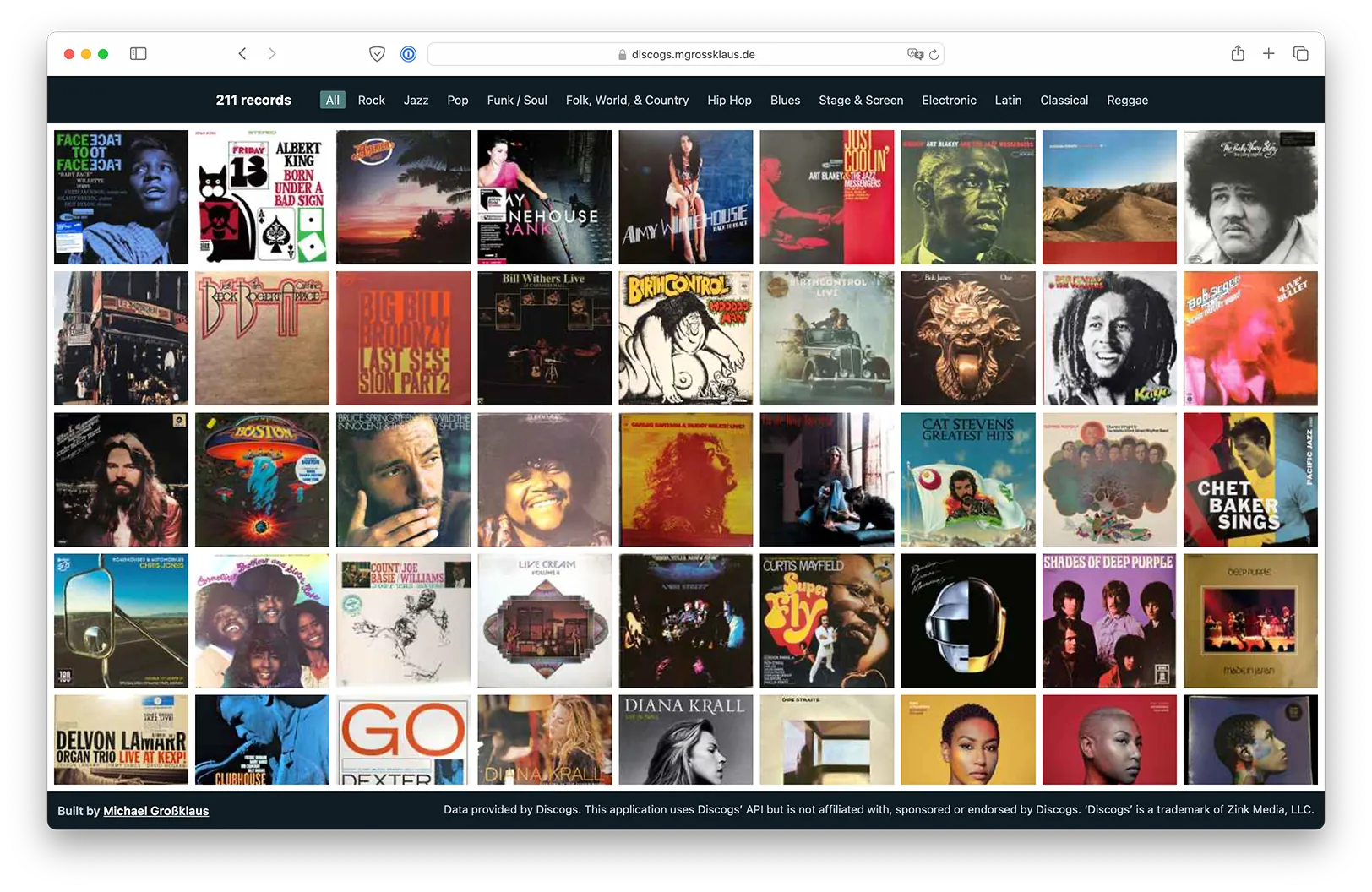 Screenshot of a browser showing lots of record covers in a grid with a genre filter on the top